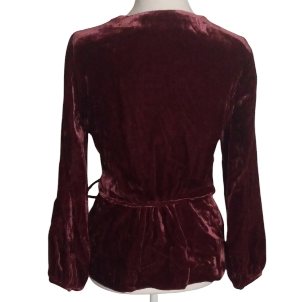 J. Crew Beautiful Burgundy Velvet Faux Wrap Blouse Puff Sleeves Size 0